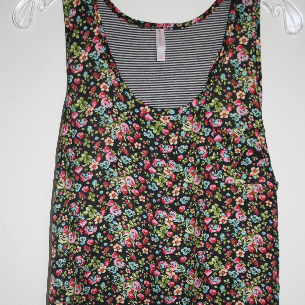 Xhilaration Black Floral Tank Top/Stripe Back Sz L